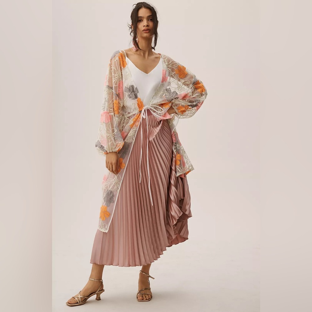 By Anthropologie Floral Shine Tie-Front Kimono